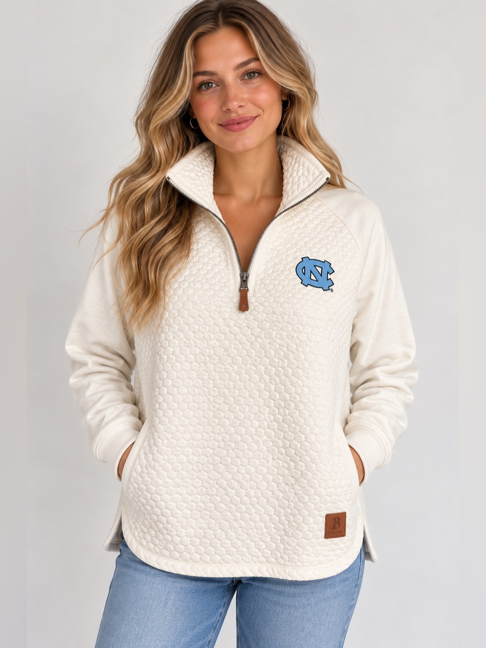 Pressbox UNC Tar Heels Pullover S Ivory Quilted Quarter Zip Game Day Carolina